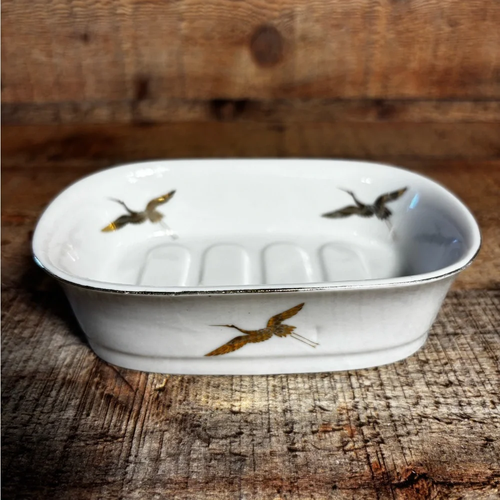 Vintage Takahashi Gold Hand Decorated Cranes Soap Dish Water Cup Toothbrush